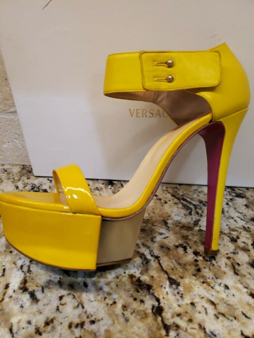 Versace Yellow Patent Platform Ankle-Strap Heels - Picture 5 of 12